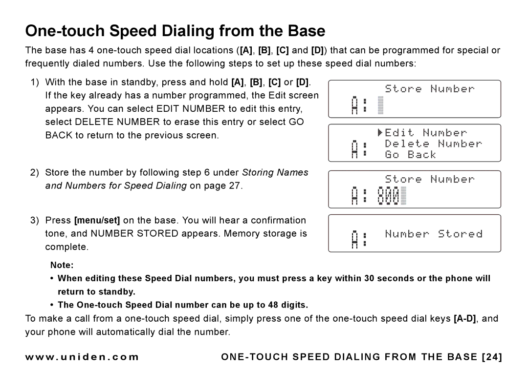 Uniden CEZAI 998 manual One-touch Speed Dialing from the Base, ONE Touch Speed Dialing from the Base 