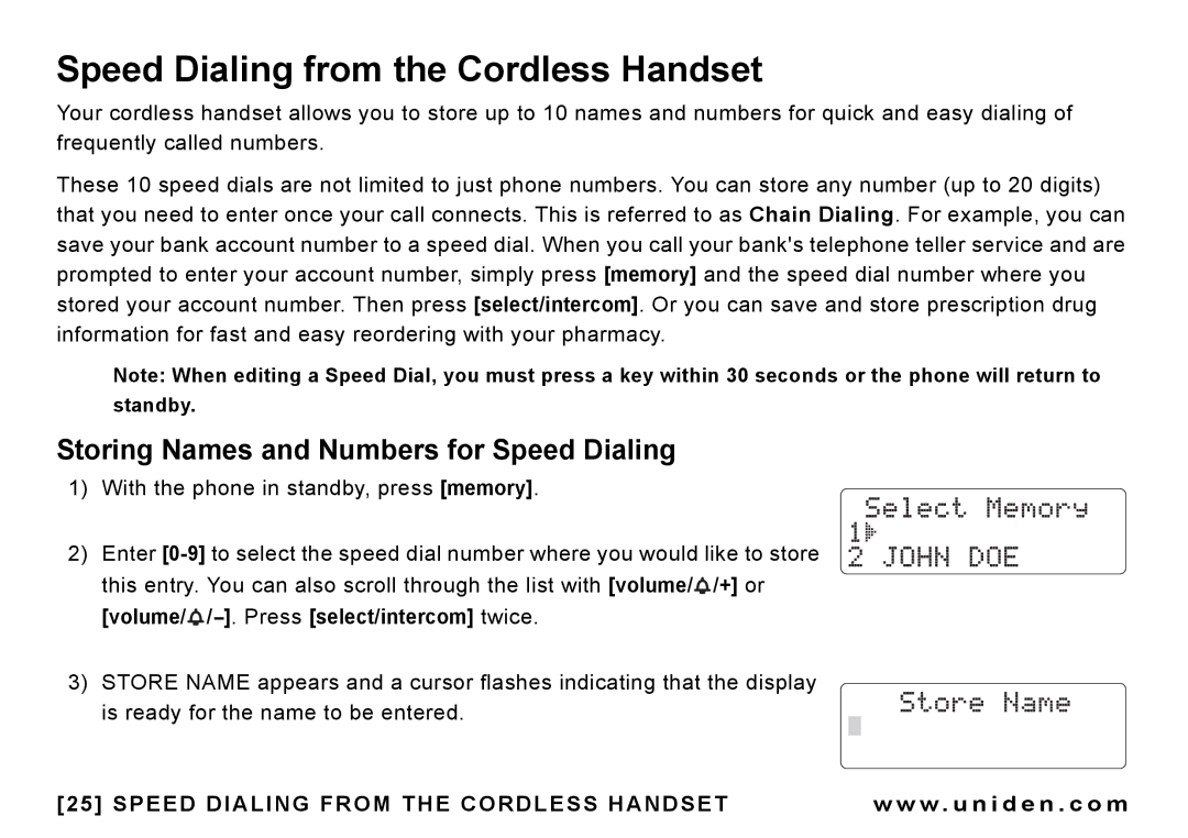 Uniden CEZAI 998 manual Speed Dialing from the Cordless Handset, Storing Names and Numbers for Speed Dialing 