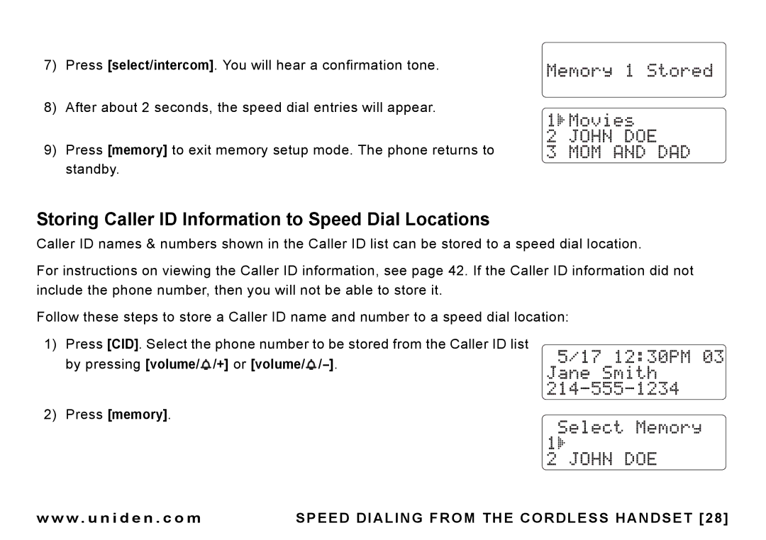 Uniden CEZAI 998 manual Storing Caller ID Information to Speed Dial Locations, Press memory W . u n i d e n . c o m 