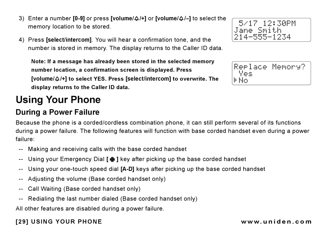 Uniden CEZAI 998 manual Using Your Phone, During a Power Failure 