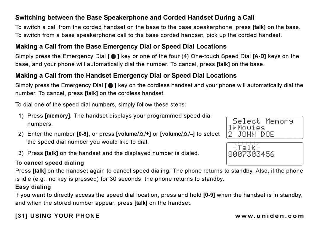 Uniden CEZAI 998 manual To cancel speed dialing, Easy dialing 