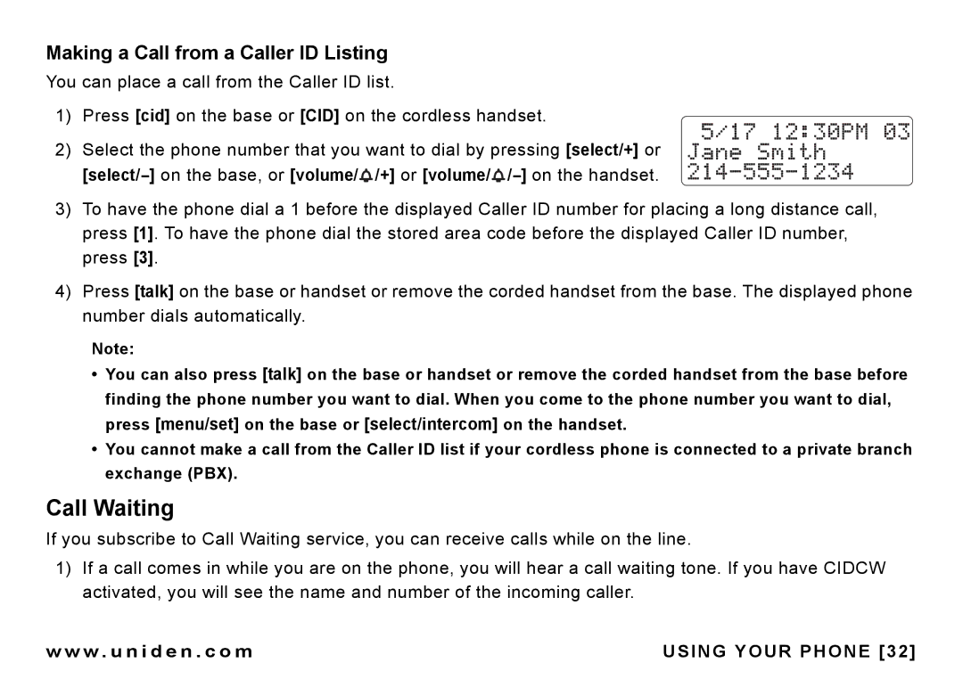 Uniden CEZAI 998 manual Call Waiting, Making a Call from a Caller ID Listing 