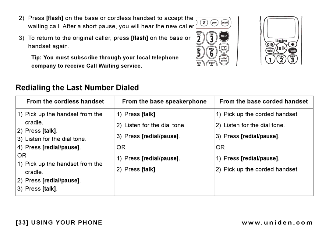 Uniden CEZAI 998 manual Redialing the Last Number Dialed, Press redial/pause 