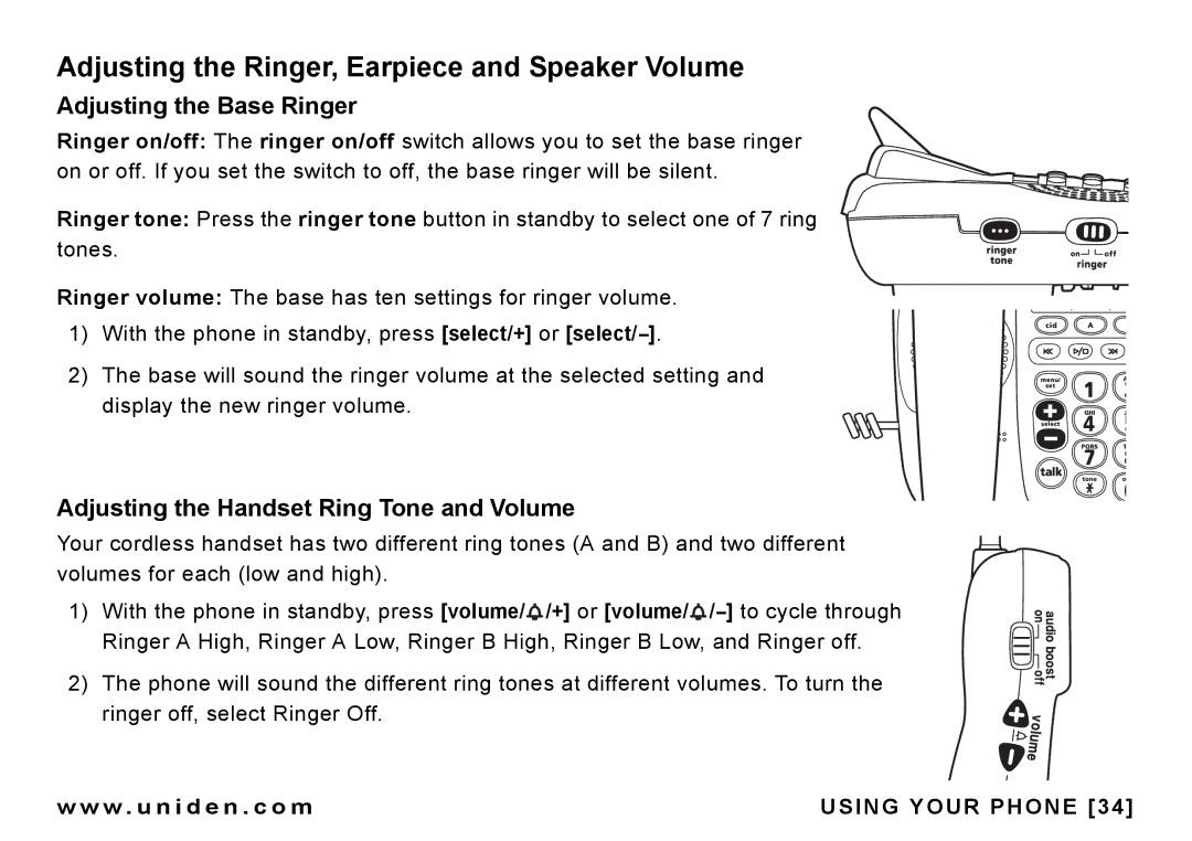 Uniden CEZAI 998 manual Adjusting the Ringer, Earpiece and Speaker Volume, Adjusting the Base Ringer 