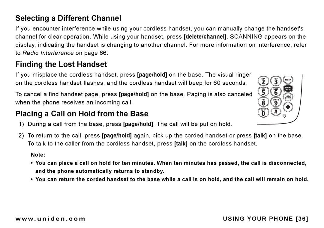 Uniden CEZAI 998 manual Selecting a Different Channel, Finding the Lost Handset, Placing a Call on Hold from the Base 