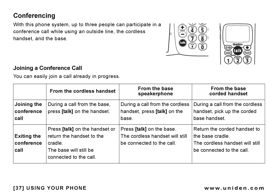 Uniden CEZAI 998 manual Conferencing, Joining a Conference Call, Exiting 