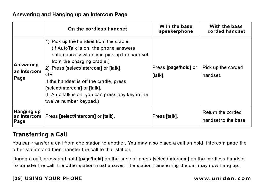 Uniden CEZAI 998 manual Transferring a Call, Answering and Hanging up an Intercom 