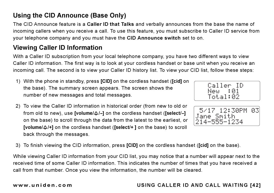 Uniden CEZAI 998 manual Using the CID Announce Base Only, Viewing Caller ID Information 