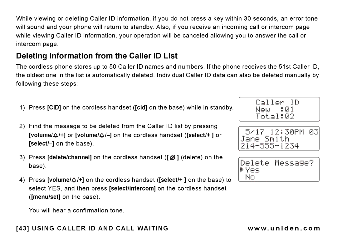 Uniden CEZAI 998 manual Deleting Information from the Caller ID List 