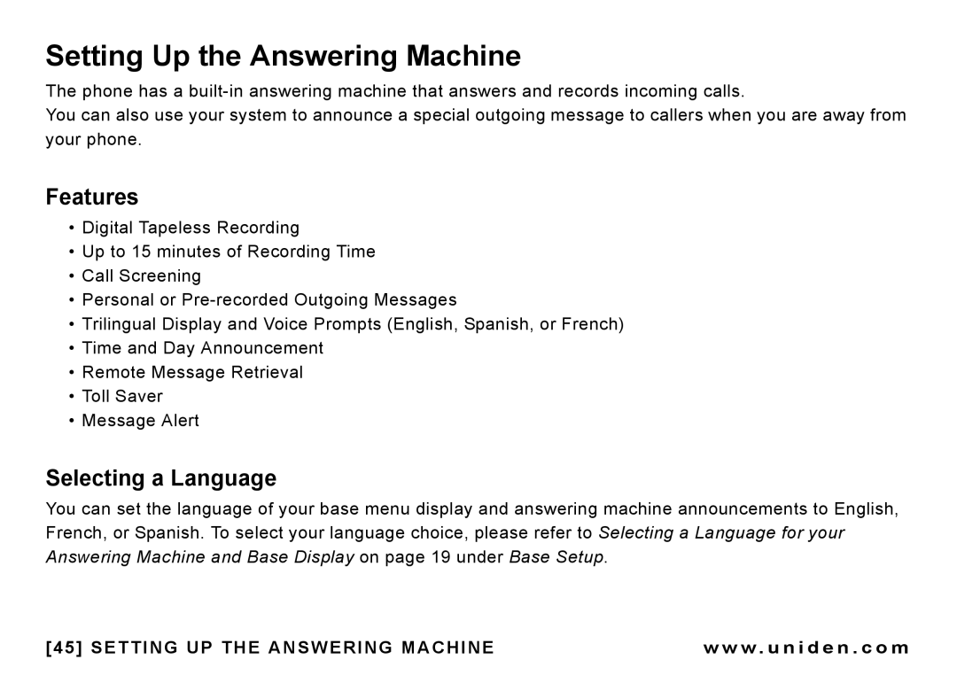 Uniden CEZAI 998 manual Setting Up the Answering Machine, Features, Selecting a Language, Setting UP the Answering Machine 