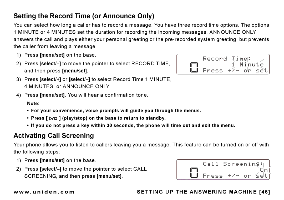 Uniden CEZAI 998 manual Setting the Record Time or Announce Only, Activating Call Screening 