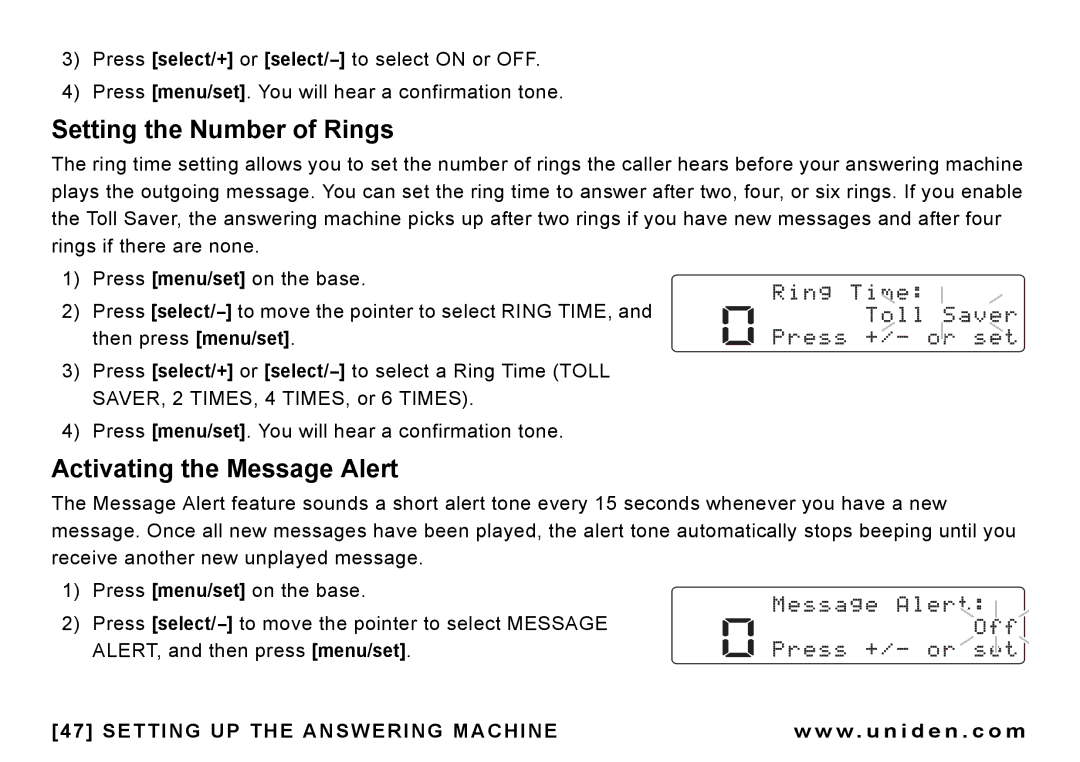 Uniden CEZAI 998 manual Setting the Number of Rings, Activating the Message Alert 