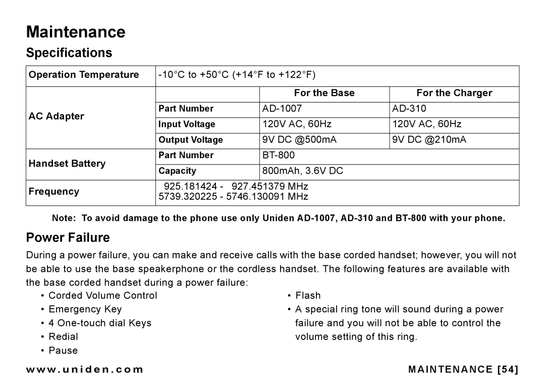 Uniden CEZAI 998 manual Maintenance, Specifications, Power Failure 