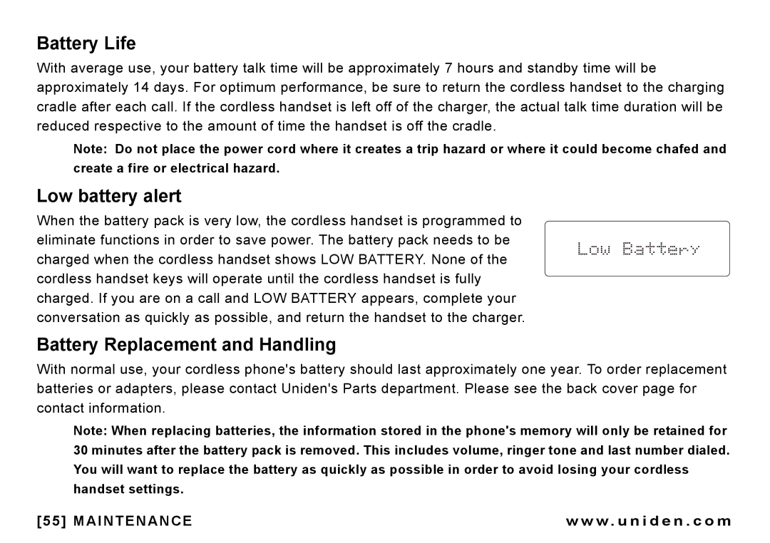 Uniden CEZAI 998 manual Battery Life, Low battery alert, Battery Replacement and Handling 