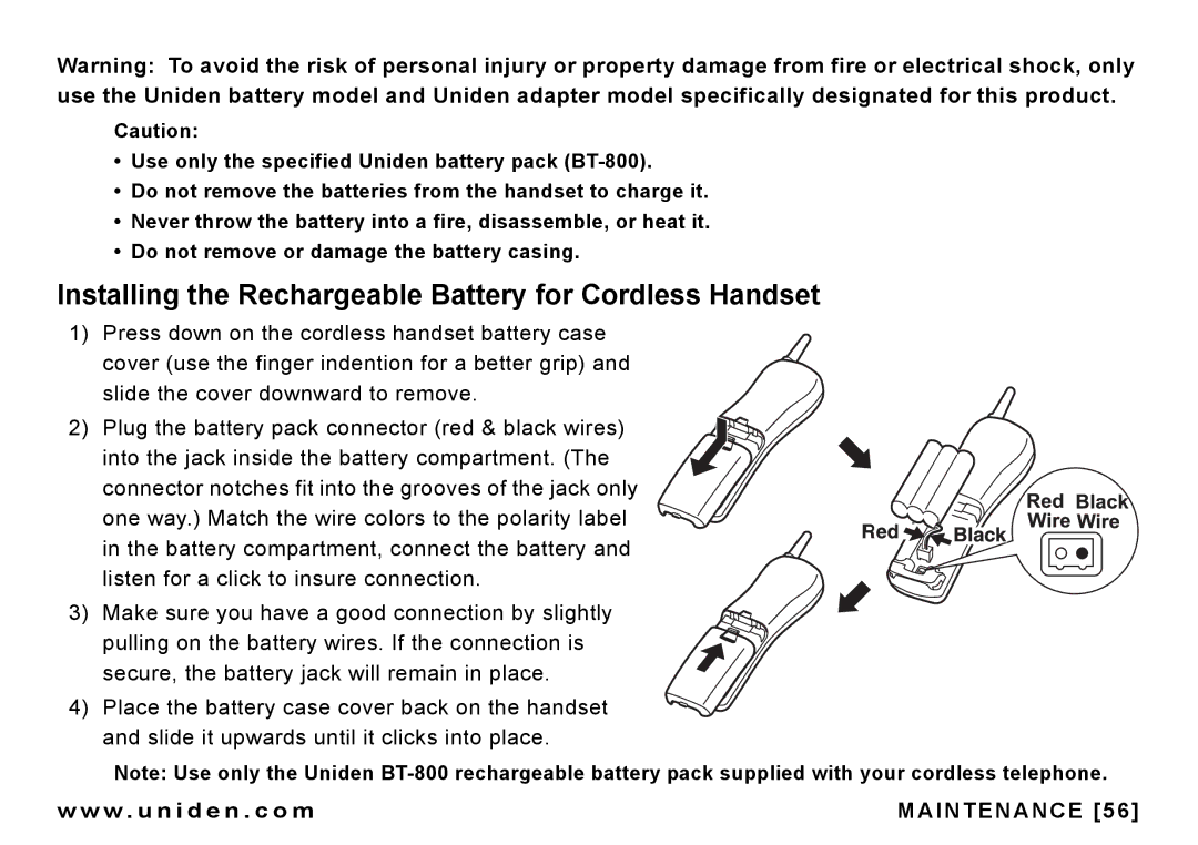 Uniden CEZAI 998 manual Installing the Rechargeable Battery for Cordless Handset 