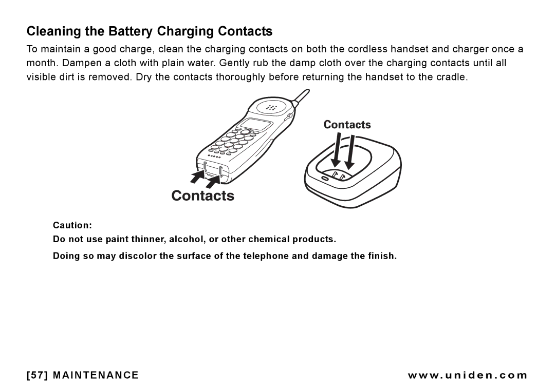 Uniden CEZAI 998 manual Cleaning the Battery Charging Contacts 