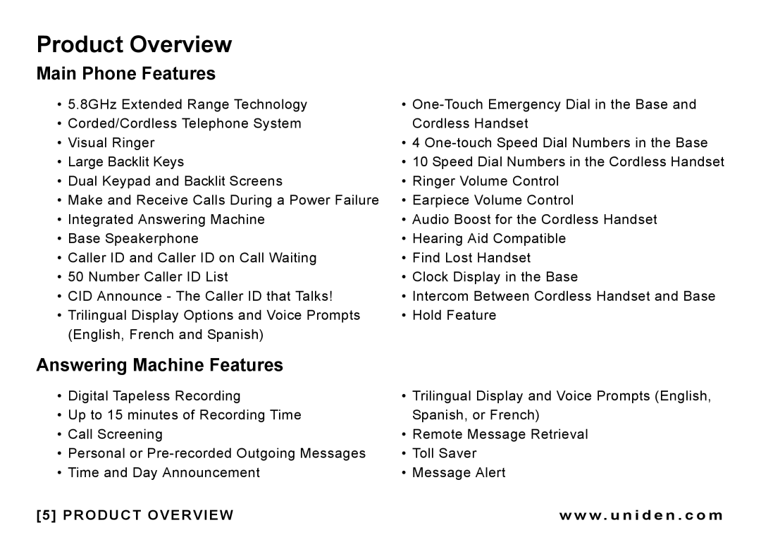 Uniden CEZAI 998 manual Product Overview, Main Phone Features, Answering Machine Features 