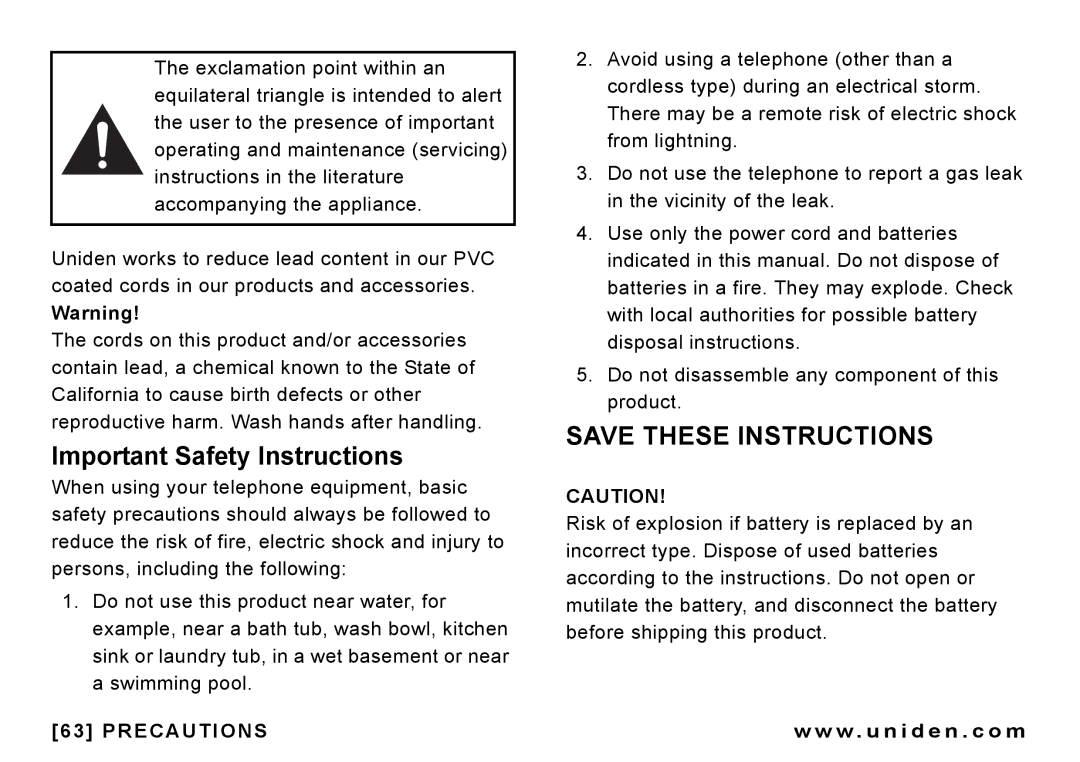 Uniden CEZAI 998 manual Important Safety Instructions 