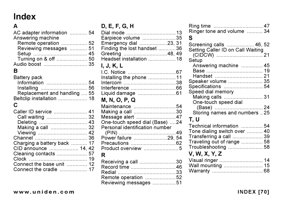 Uniden CEZAI 998 manual F, G, H, K, L, X, Y, Z, W . u n i d e n . c o m Index 