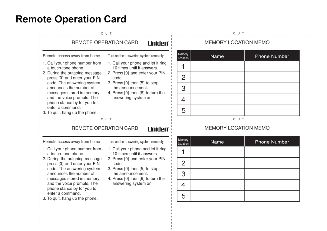 Uniden CEZAI 998 manual Remote Operation Card Memory Location Memo 