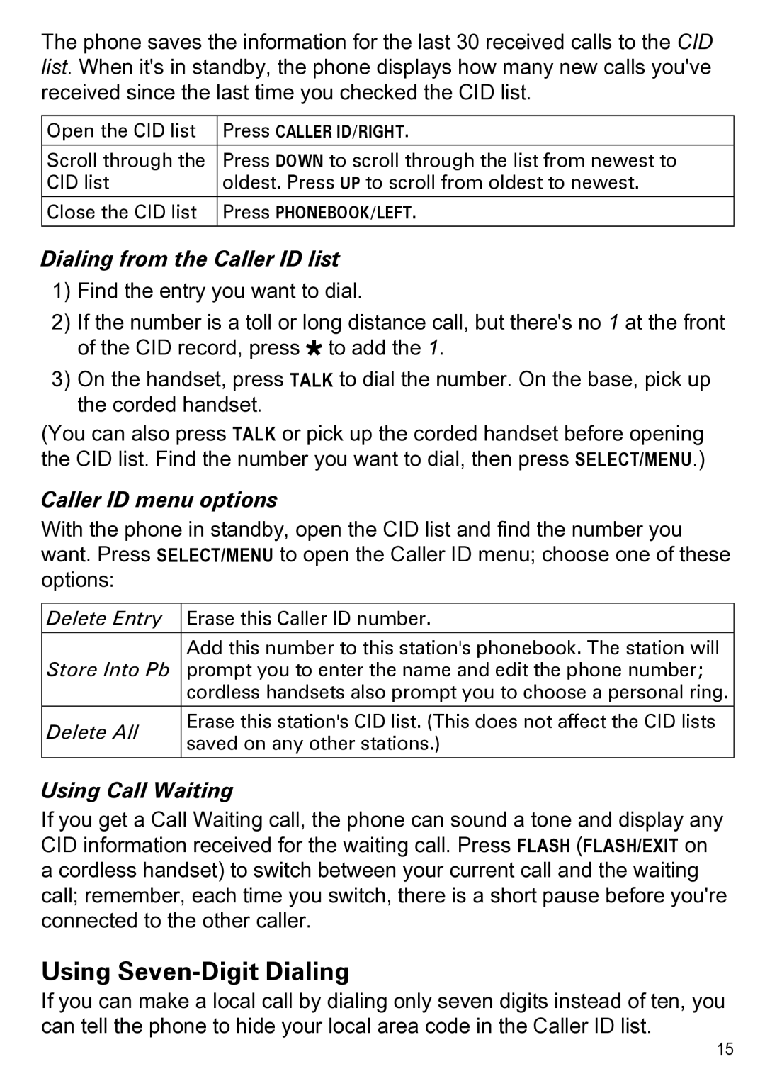 Uniden CEZAI2998 Using Seven-Digit Dialing, Dialing from the Caller ID list, Caller ID menu options, Using Call Waiting 