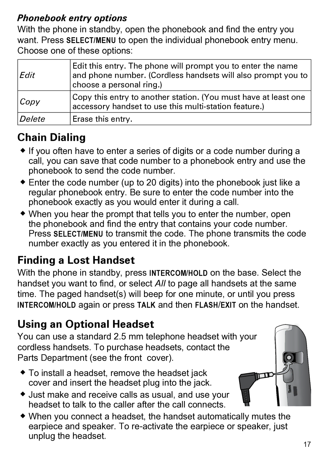 Uniden CEZAI2998 manual Chain Dialing, Finding a Lost Handset, Using an Optional Headset, Phonebook entry options 