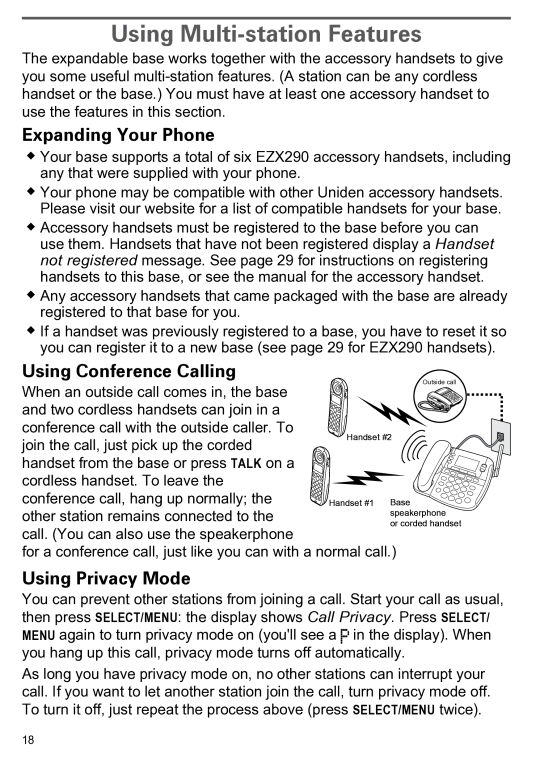 Uniden CEZAI2998 manual Using Multi-station Features, Expanding Your Phone, Using Conference Calling, Using Privacy Mode 