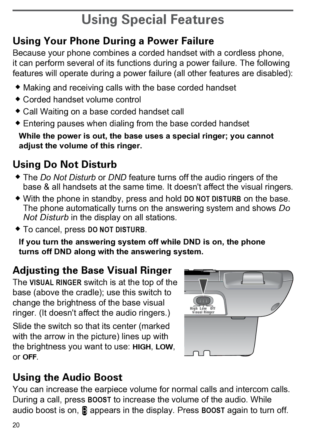 Uniden CEZAI2998 manual Using Special Features, Using Your Phone During a Power Failure, Using Do Not Disturb 