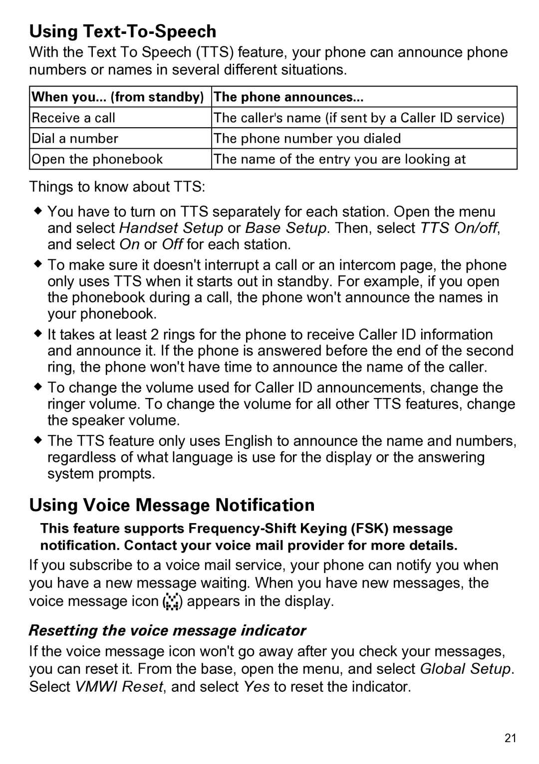 Uniden CEZAI2998 manual Using Text-To-Speech, Using Voice Message Notification, Resetting the voice message indicator 