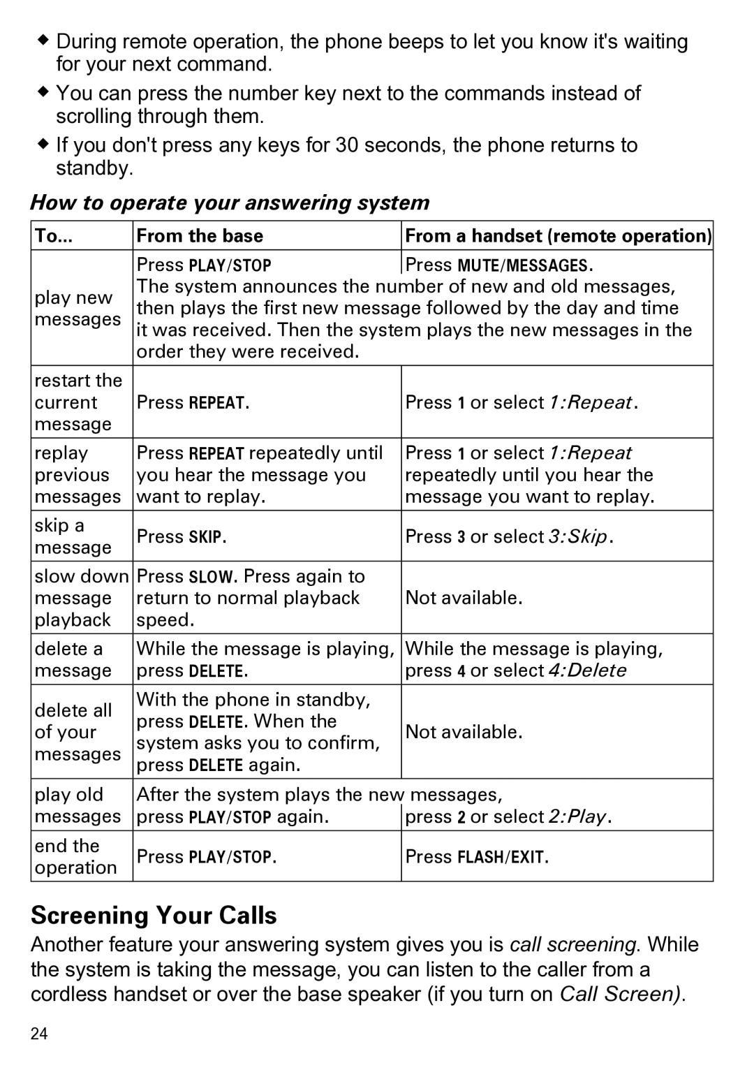 Uniden CEZAI2998 manual Screening Your Calls, How to operate your answering system 