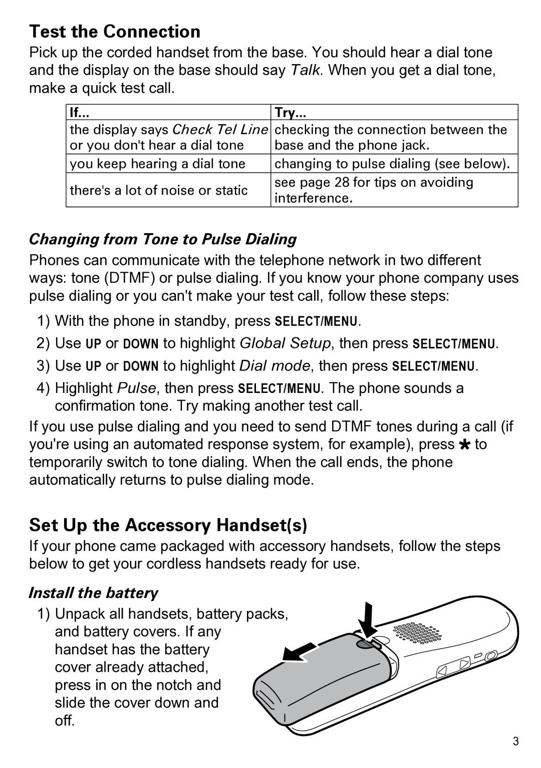 Uniden CEZAI2998 manual Test the Connection, Set Up the Accessory Handsets, Changing from Tone to Pulse Dialing, Try 