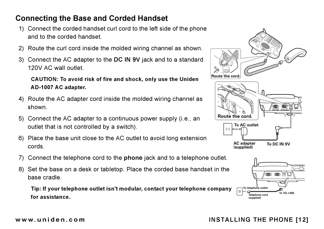 Uniden CEZAI998 manual Connecting the Base and Corded Handset 