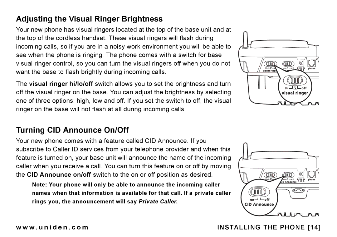 Uniden CEZAI998 manual Adjusting the Visual Ringer Brightness, Turning CID Announce On/Off 