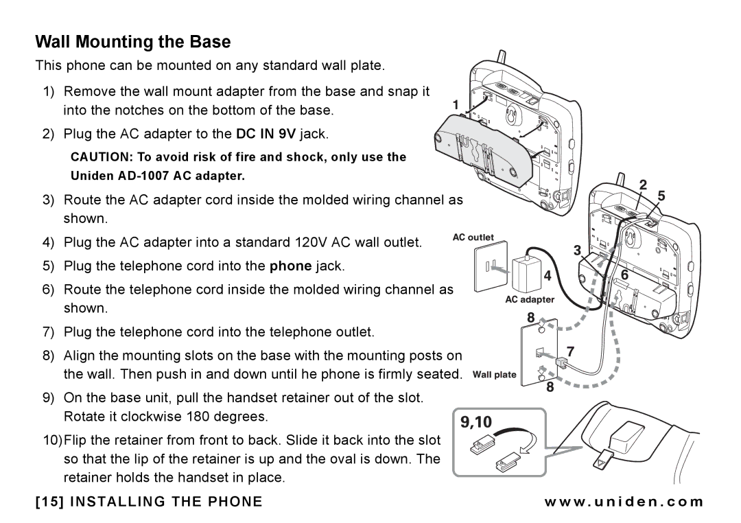 Uniden CEZAI998 manual Wall Mounting the Base 