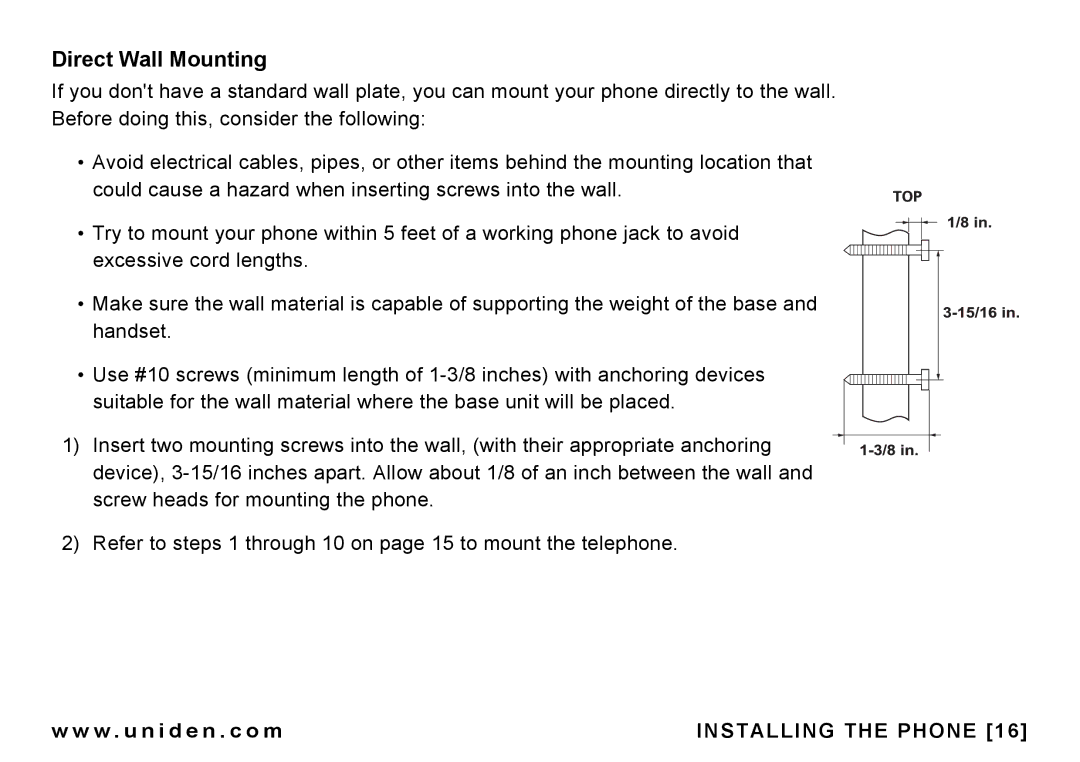 Uniden CEZAI998 manual Direct Wall Mounting 