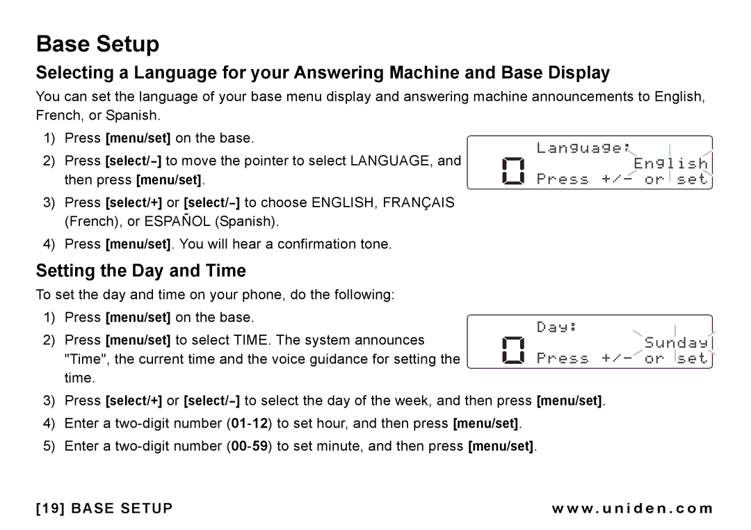 Uniden CEZAI998 manual Base Setup, Setting the Day and Time 