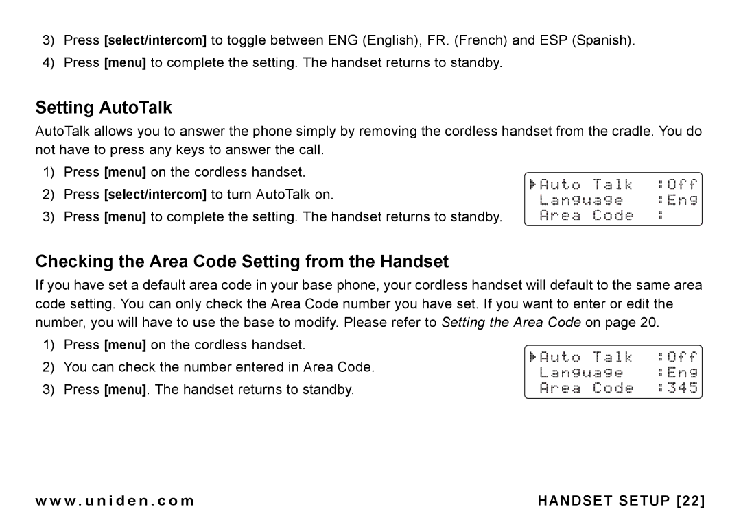 Uniden CEZAI998 manual Setting AutoTalk, Checking the Area Code Setting from the Handset 