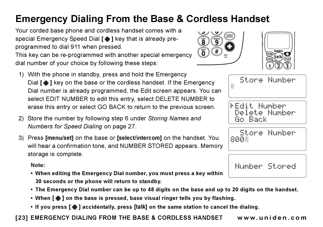 Uniden CEZAI998 Emergency Dialing From the Base & Cordless Handset, Emergency Dialing from the Base & Cordless Handset 