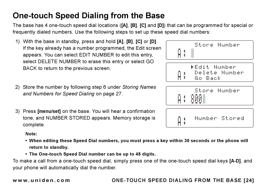 Uniden CEZAI998 manual One-touch Speed Dialing from the Base, ONE-TOUCH Speed Dialing from the Base 