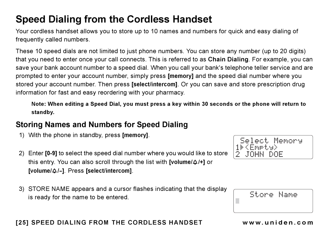 Uniden CEZAI998 manual Speed Dialing from the Cordless Handset, Storing Names and Numbers for Speed Dialing 