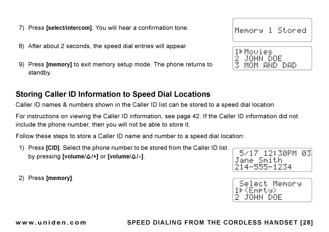 Uniden CEZAI998 manual Storing Caller ID Information to Speed Dial Locations, Press memory 