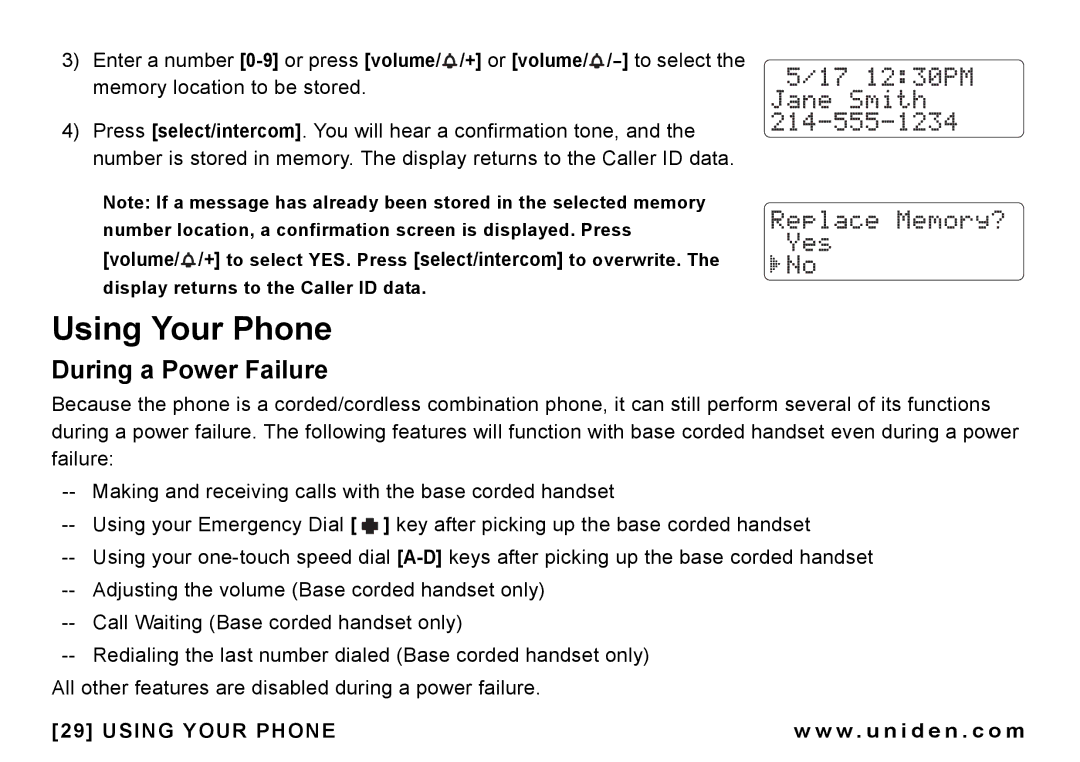 Uniden CEZAI998 manual Using Your Phone, During a Power Failure 