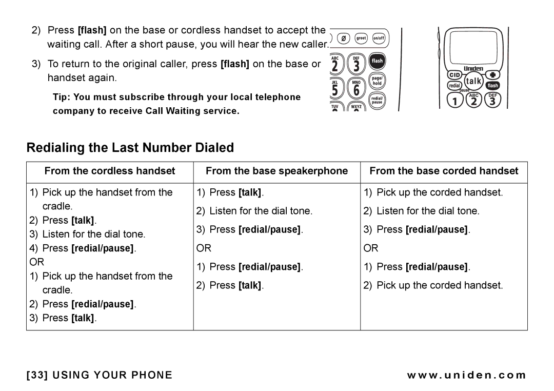 Uniden CEZAI998 manual Redialing the Last Number Dialed, Press redial/pause 