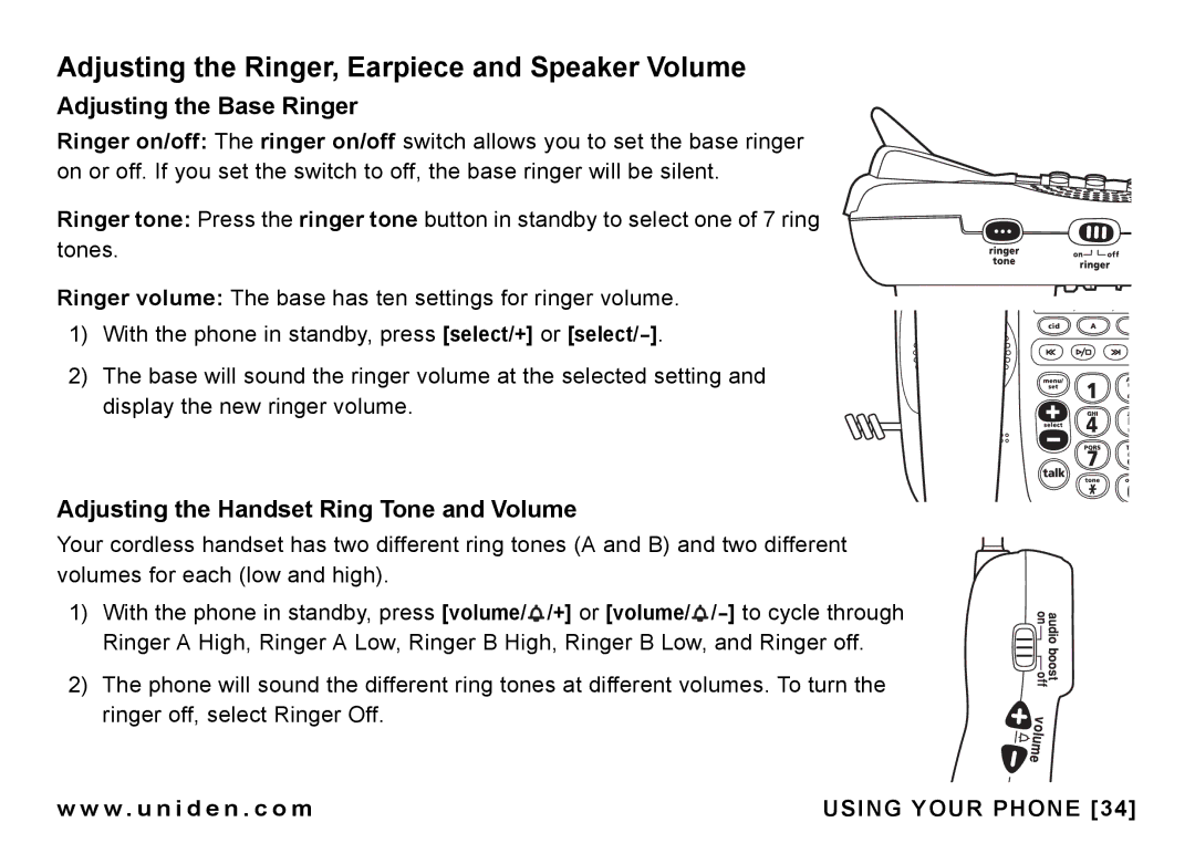 Uniden CEZAI998 manual Adjusting the Ringer, Earpiece and Speaker Volume, Adjusting the Base Ringer 