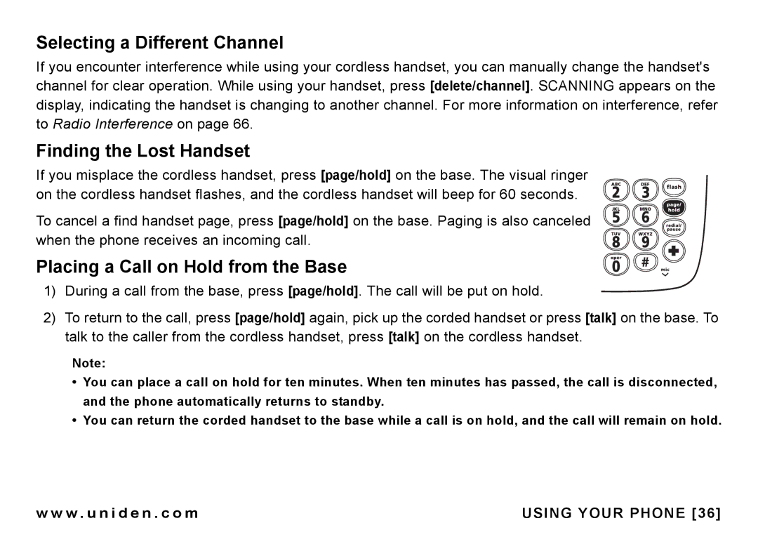 Uniden CEZAI998 manual Selecting a Different Channel, Finding the Lost Handset, Placing a Call on Hold from the Base 