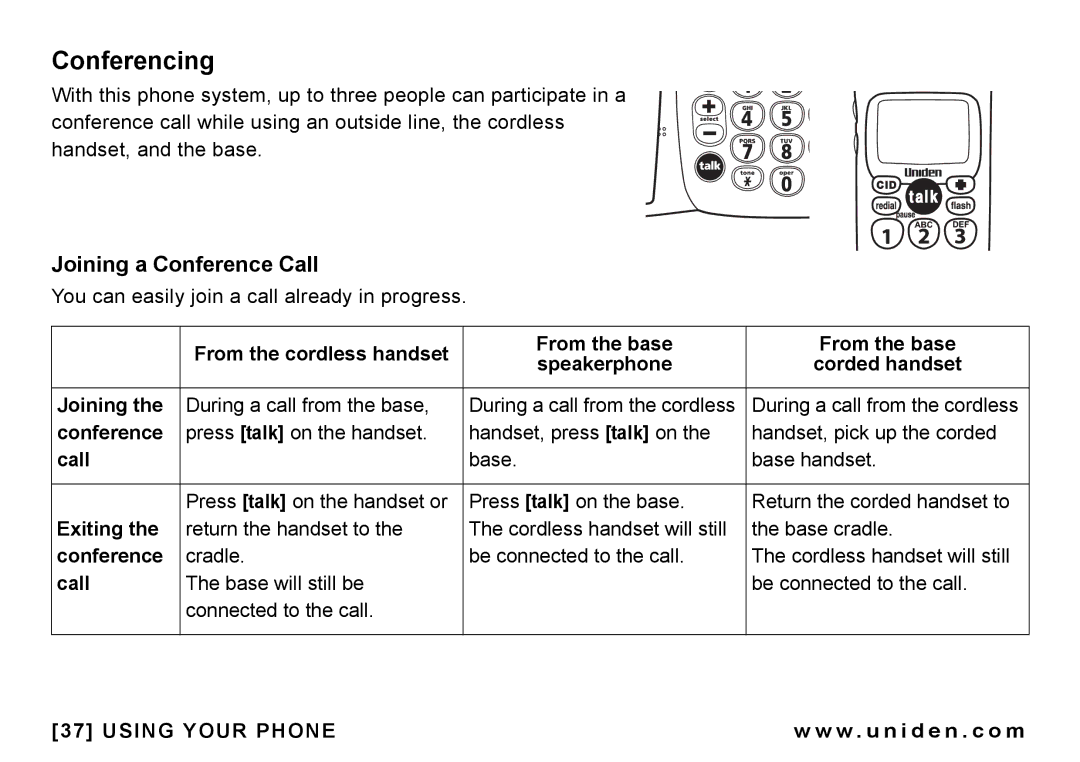 Uniden CEZAI998 manual Conferencing, Joining a Conference Call, Exiting 