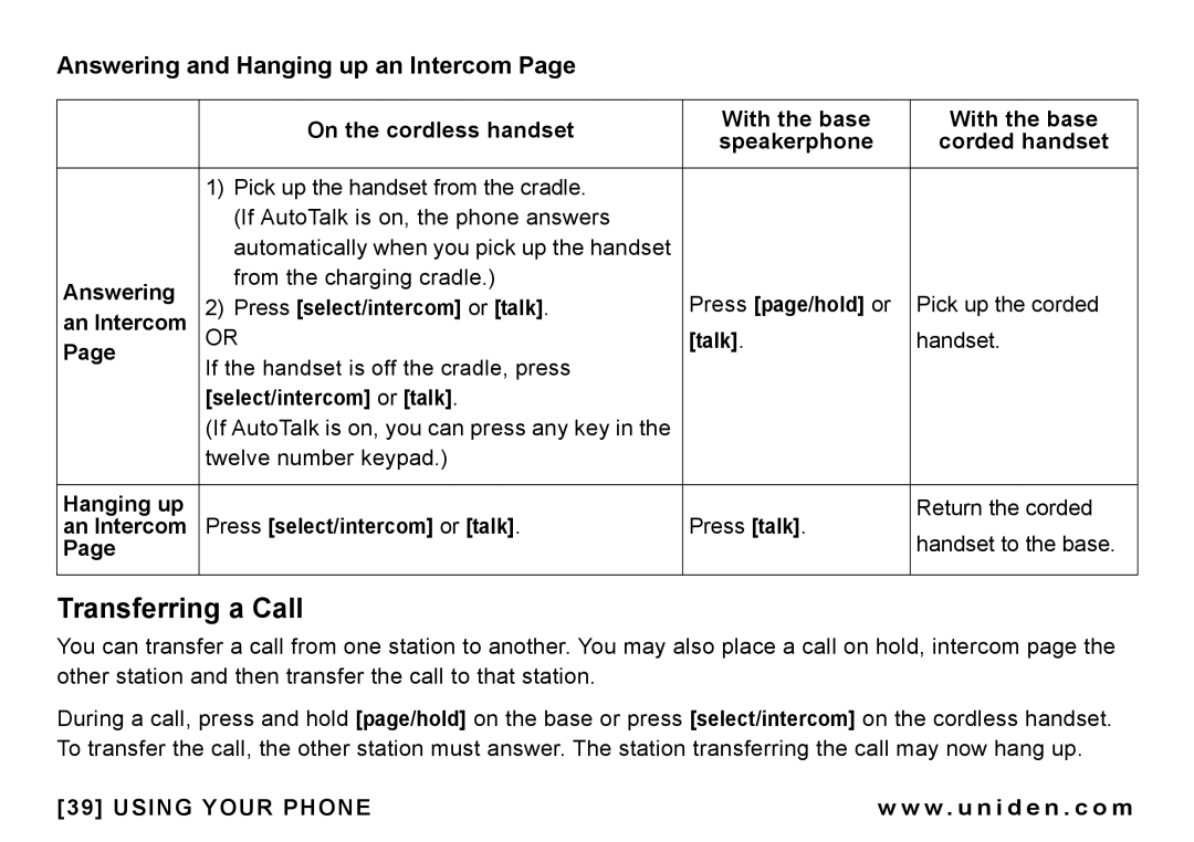 Uniden CEZAI998 manual Transferring a Call, Answering and Hanging up an Intercom 