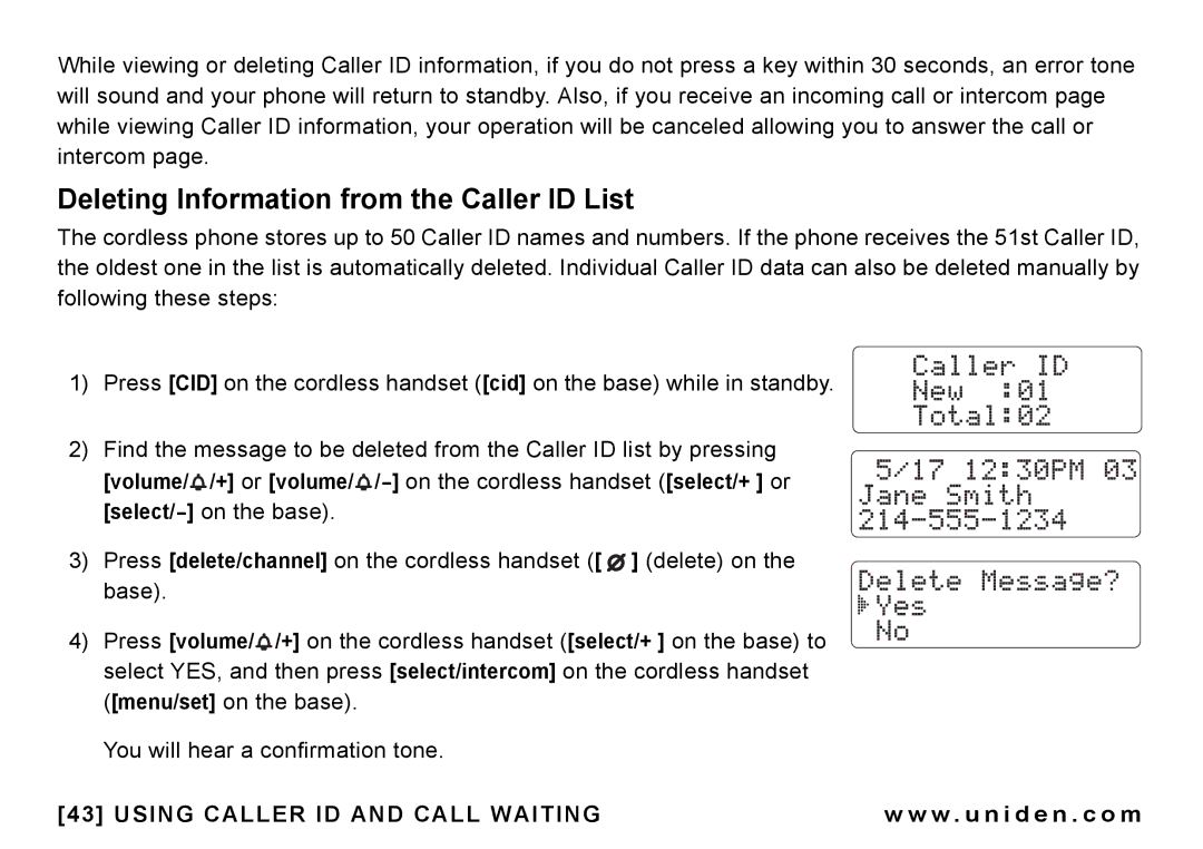 Uniden CEZAI998 manual Deleting Information from the Caller ID List 