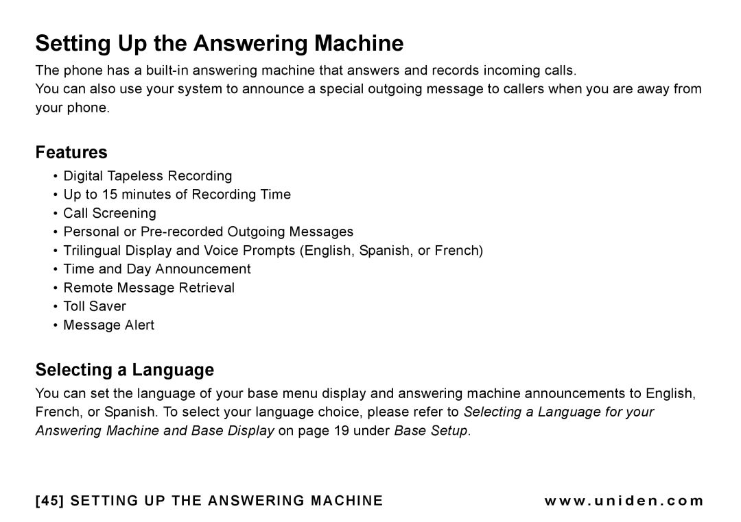 Uniden CEZAI998 manual Setting Up the Answering Machine, Features, Selecting a Language, Setting UP the Answering Machine 