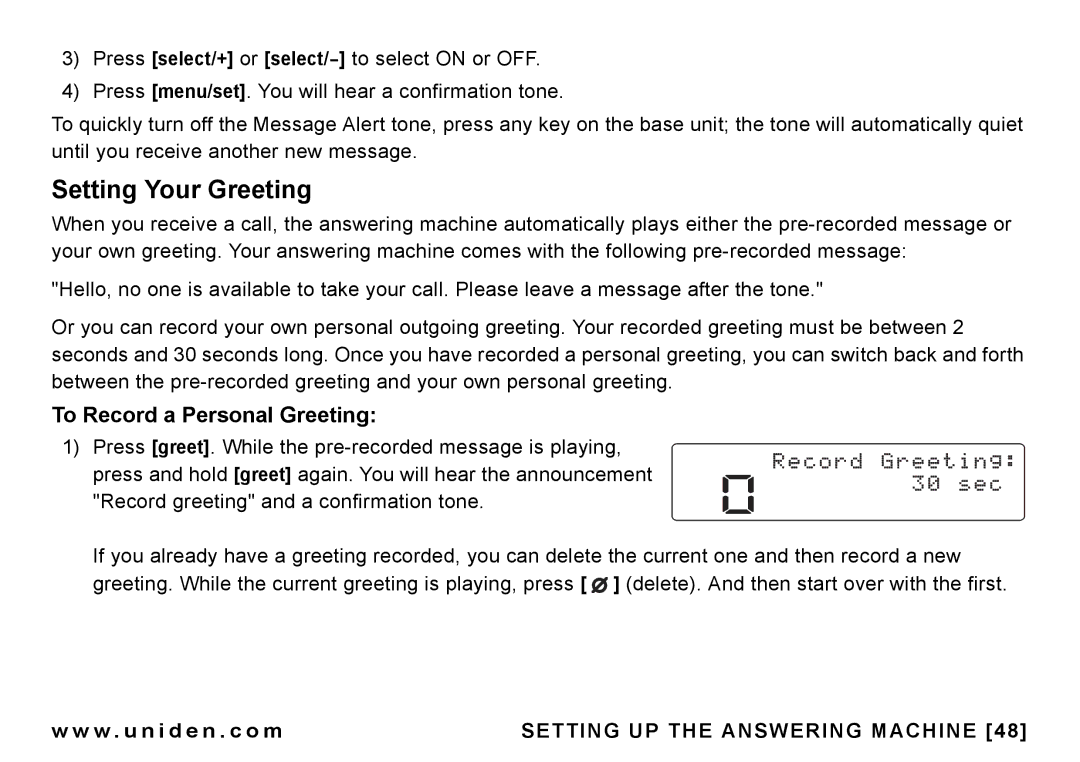 Uniden CEZAI998 manual Setting Your Greeting, To Record a Personal Greeting 